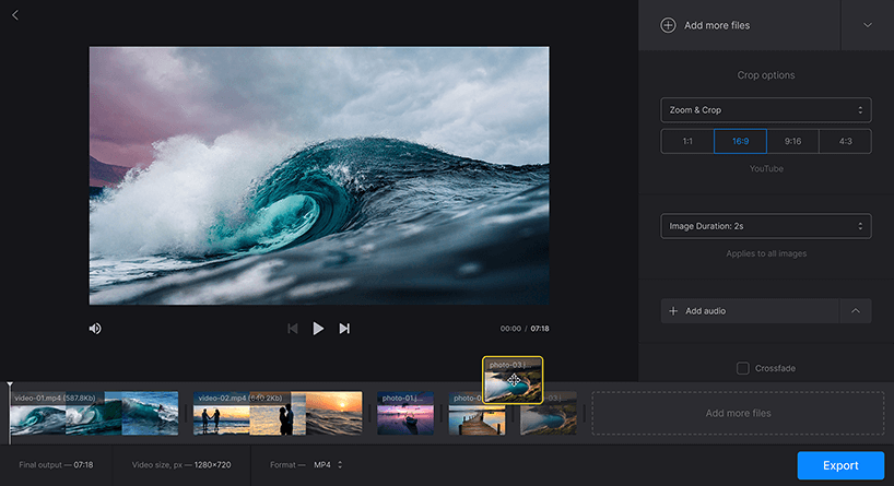 Интерфейс Clideo Slideshow Maker с фотографиями, длительностью и музыкой