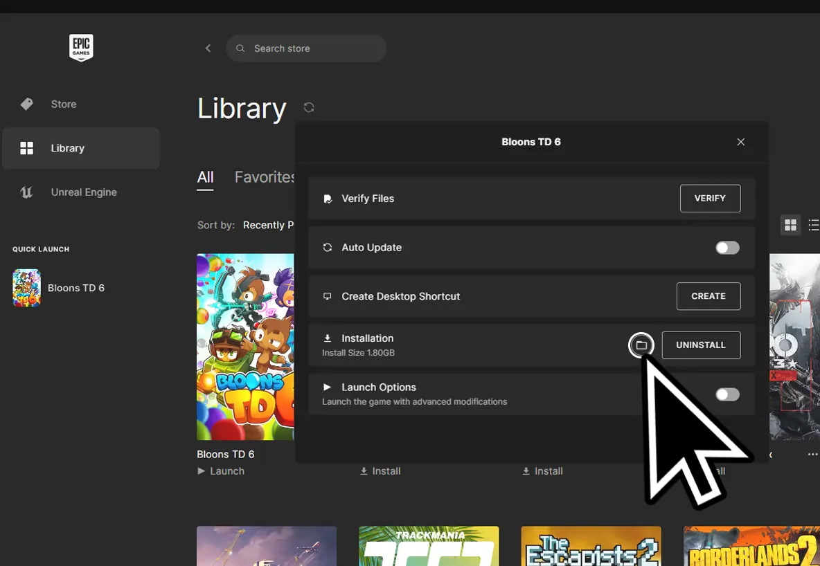 Меню управления установленной игрой в Epic Games Launcher с кнопкой Uninstall