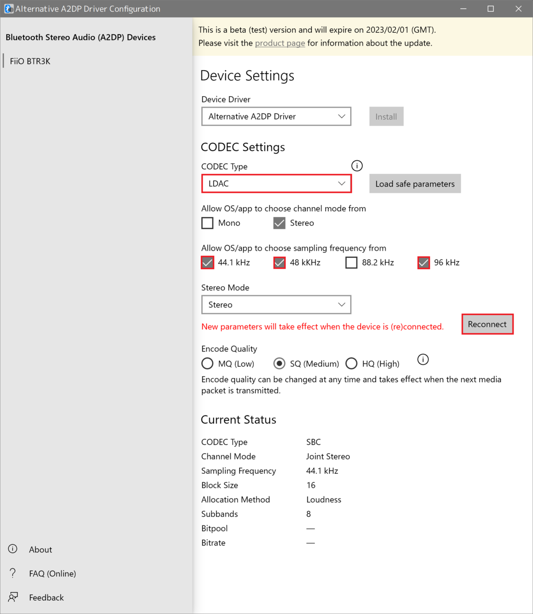 Интерфейс Alternative A2DP Driver Configuration с выбором LDAC, частоты дискретизации и кнопкой Reconnect