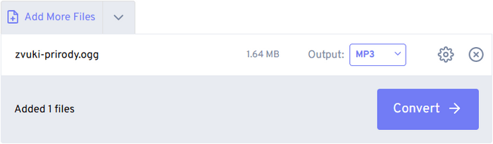 Файл OGG, Output MP3 и кнопка Convert в FreeConvert