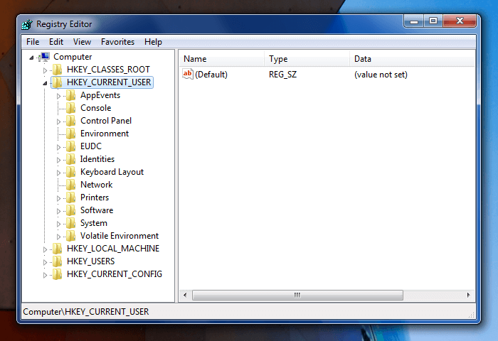 Редактор реестра Windows 7 с деревом корневых разделов