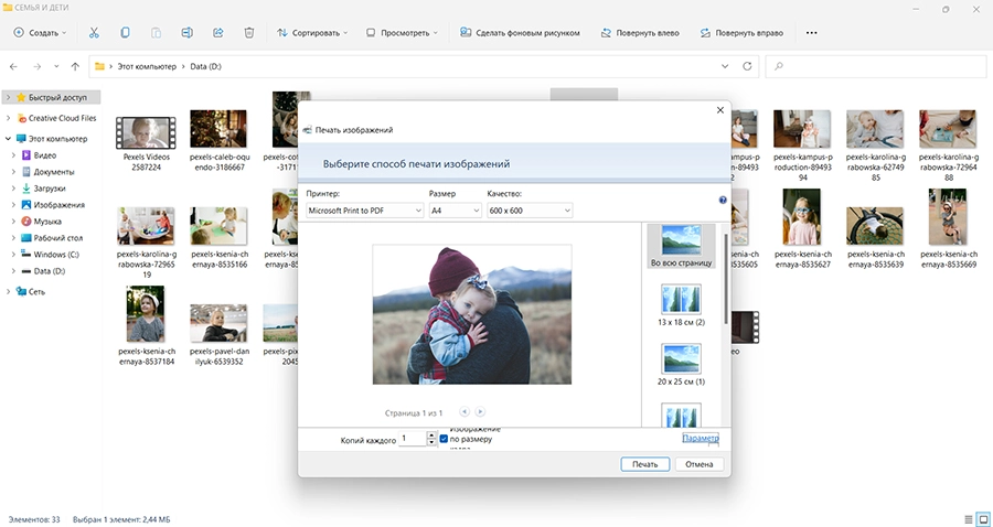 Выбор устройства, бумаги и макета в средстве Windows