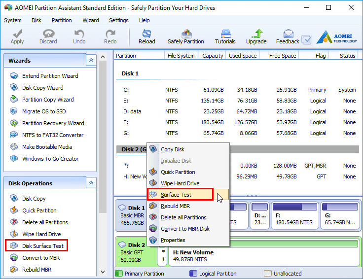 Disk Surface Test в AOMEI Partition Assistant