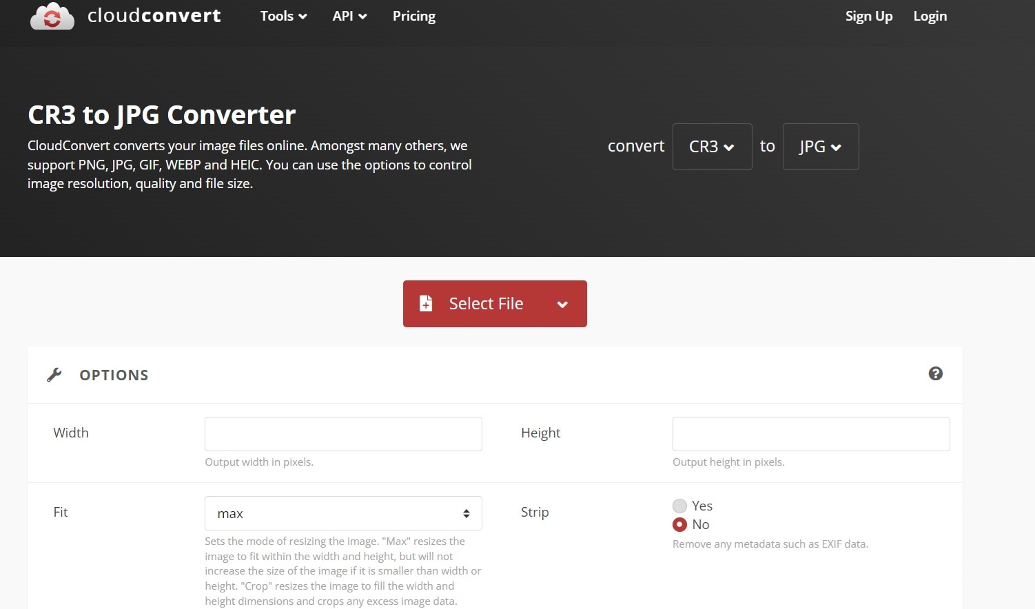 CloudConvert: интерфейс CR3 to JPG Converter с кнопкой Select File и параметрами изображения