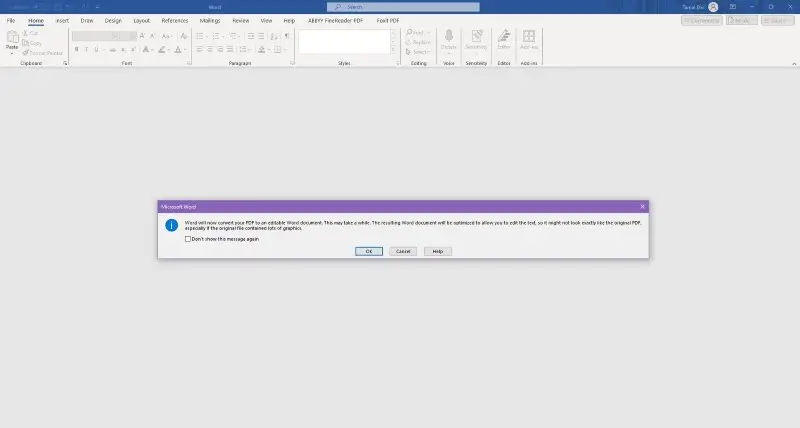 Предупреждение Microsoft Word о преобразовании PDF в редактируемый документ