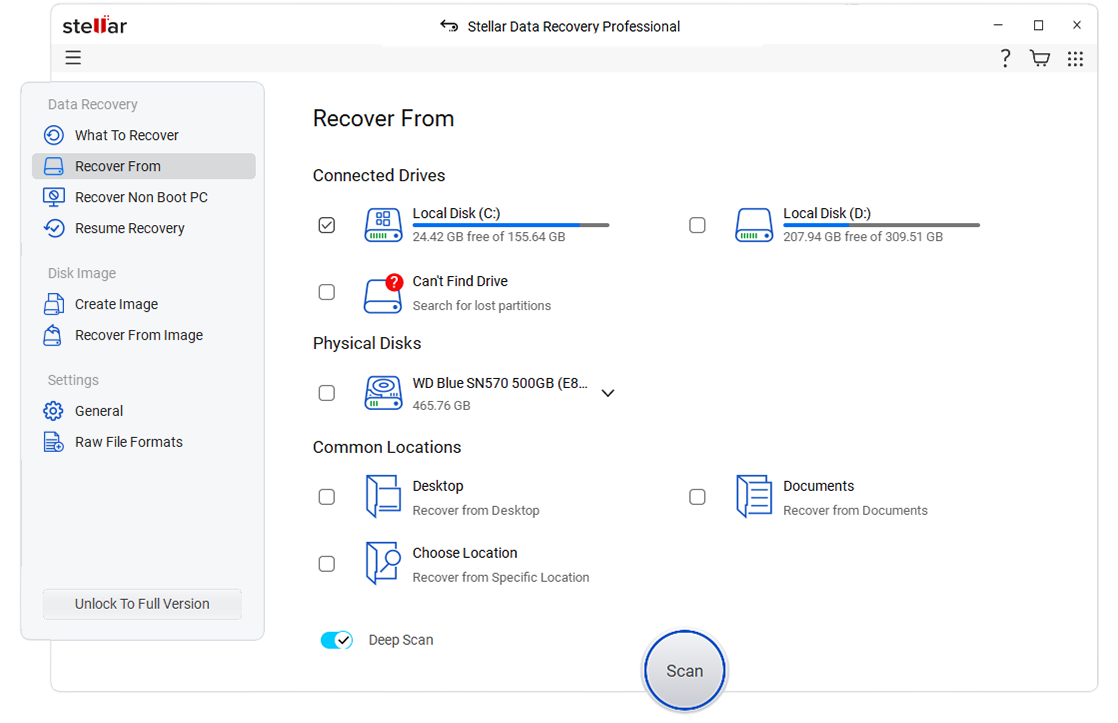 Выбор диска и режима Deep Scan в Stellar Data Recovery для Windows