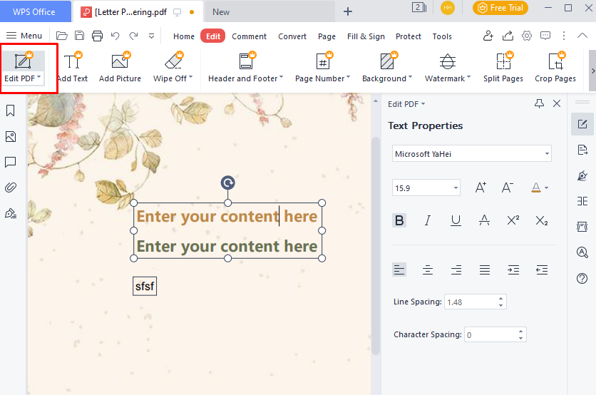 Интерфейс WPS PDF Editor в режиме редактирования текста PDF