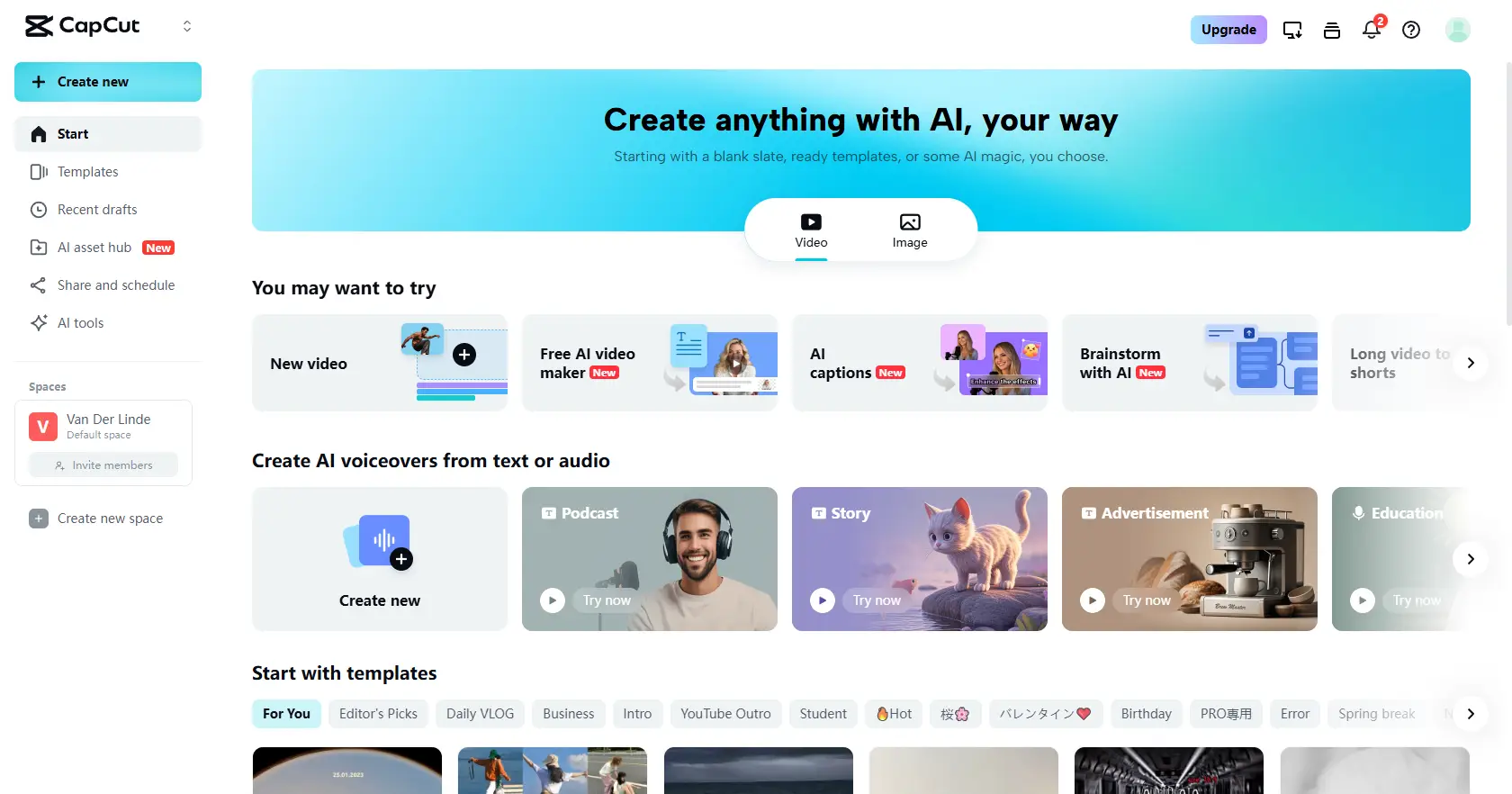 Главная страница CapCut Web