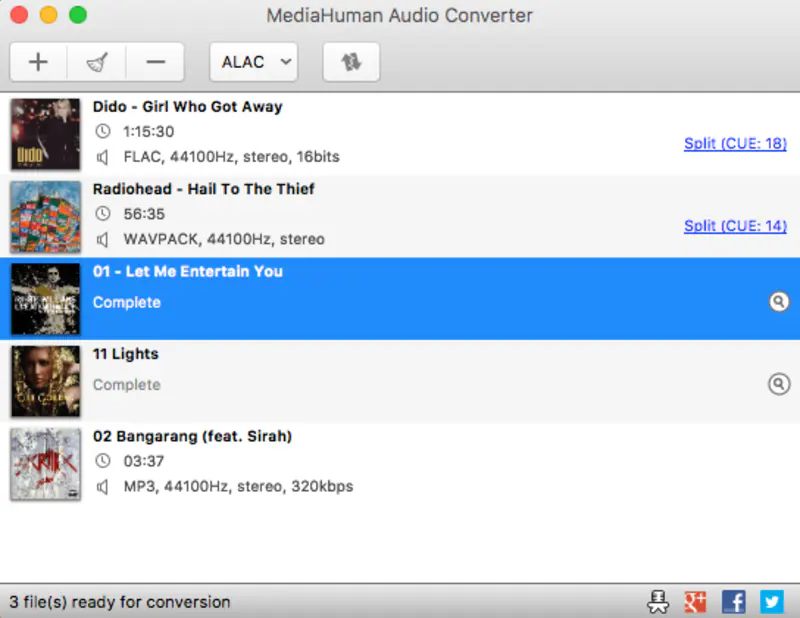 Интерфейс MediaHuman Audio Converter со списком аудиофайлов