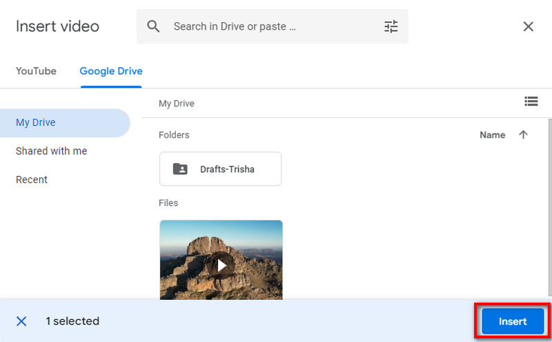 Кнопка Insert после выбора видео Google Drive в Google Slides