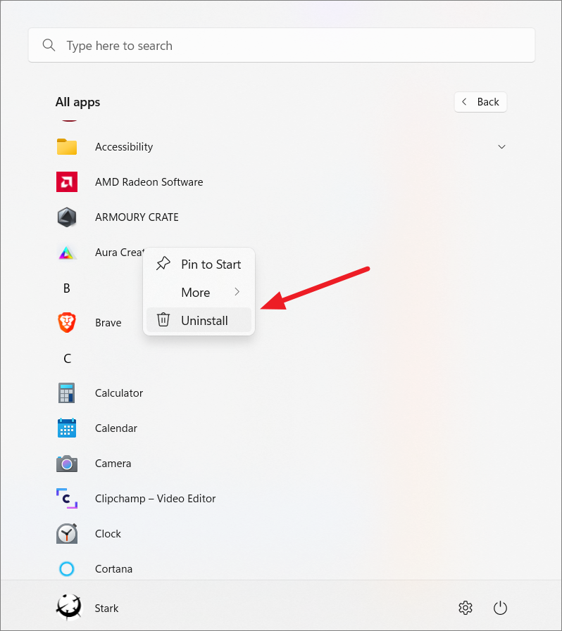 Команда Uninstall в меню Все приложения Windows 11