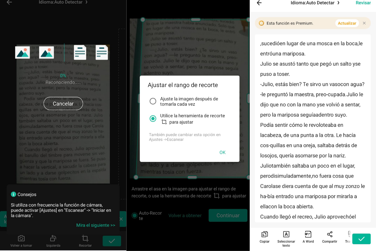 Интерфейс CamScanner при кадрировании и распознавании текста документа