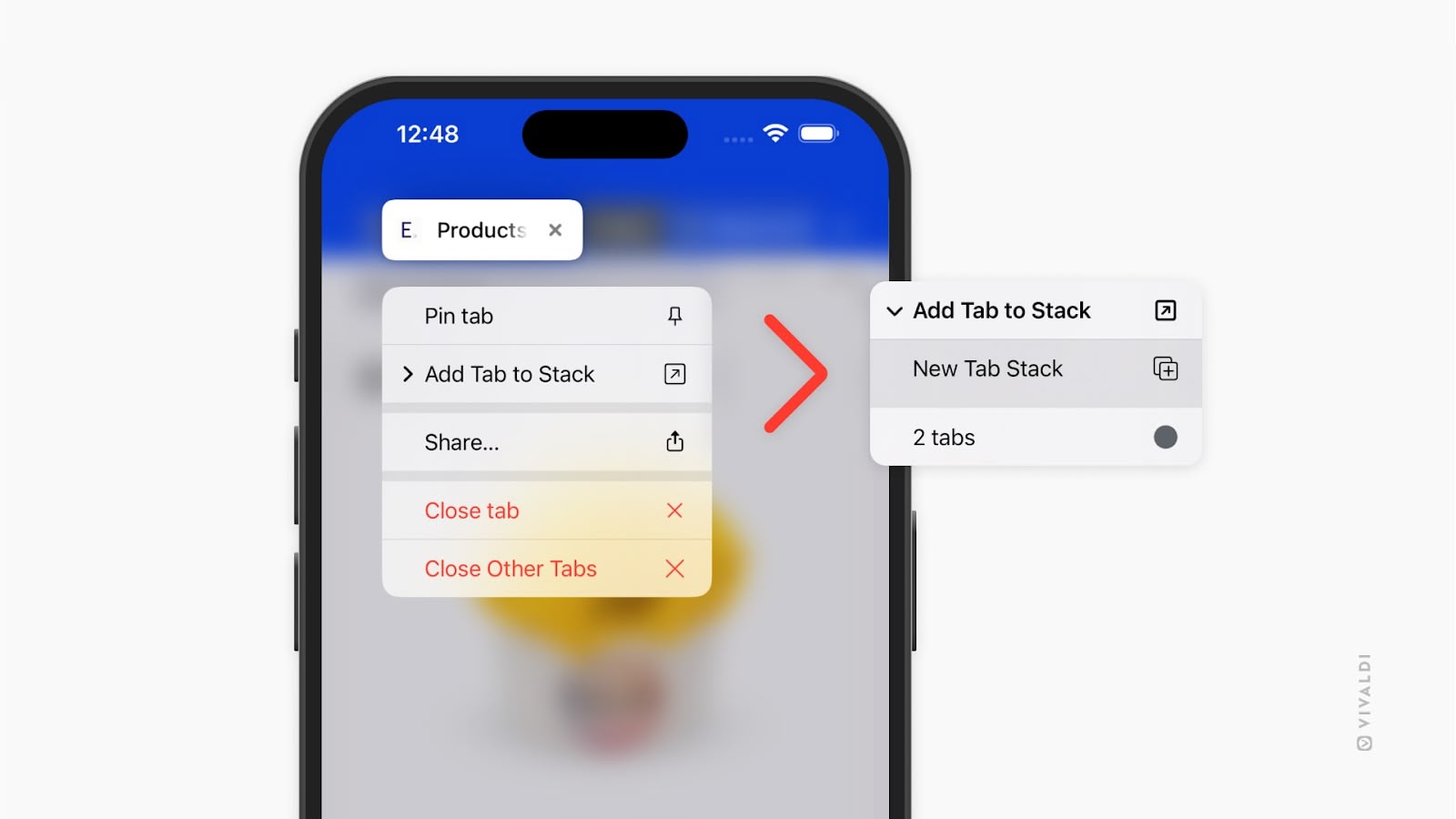 Меню добавления вкладки в Tab Stack в Vivaldi на iPhone