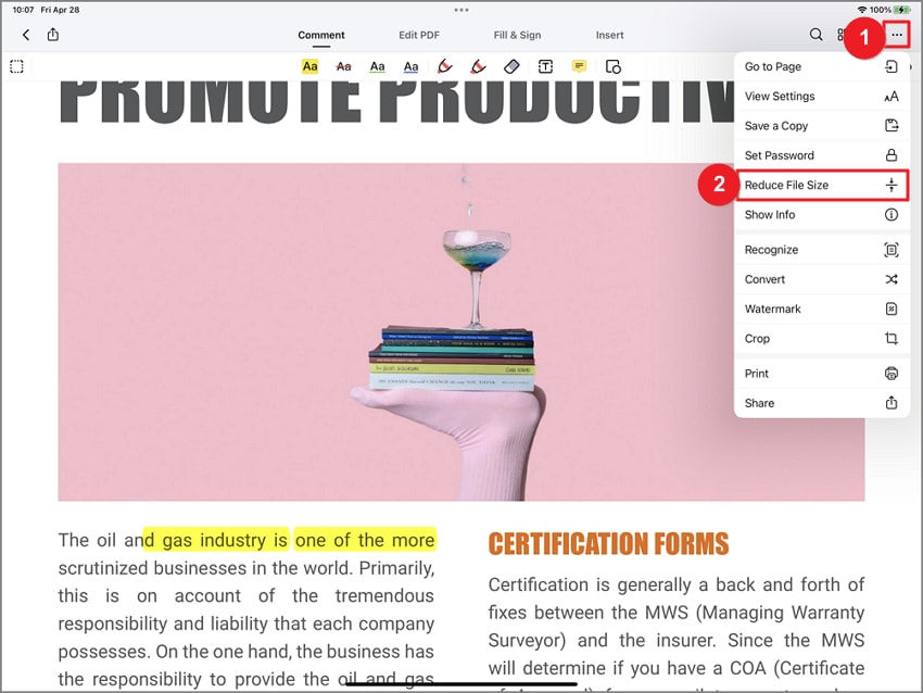 Уменьшение размера PDF в PDFelement для iOS