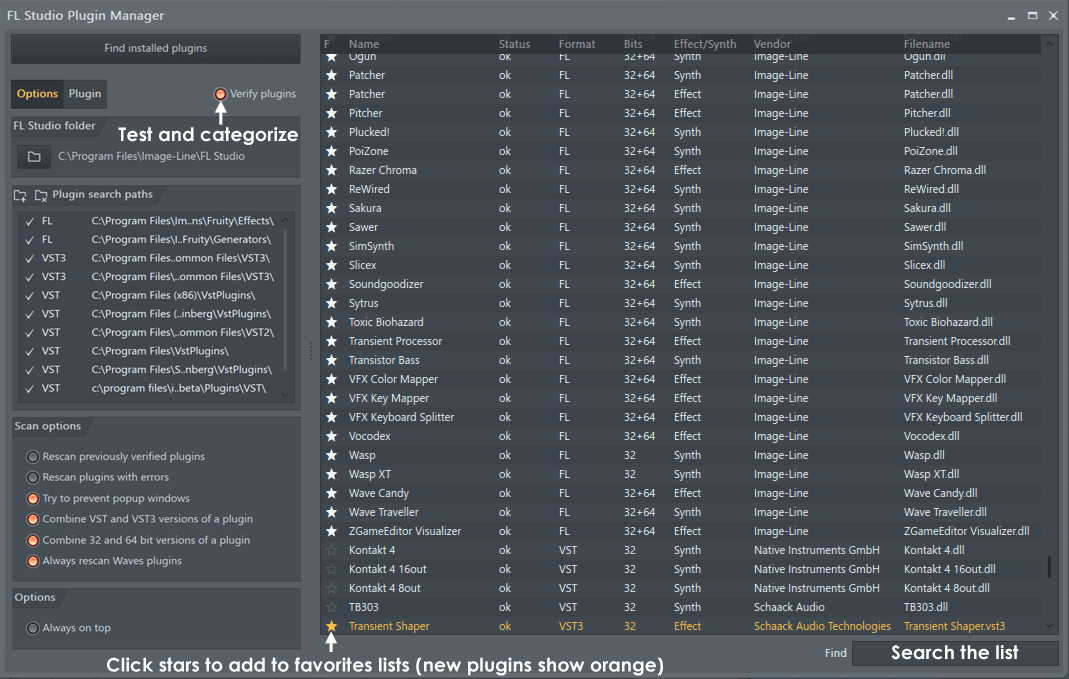 FL Studio Plugin Manager с путями поиска и кнопкой Find installed plugins