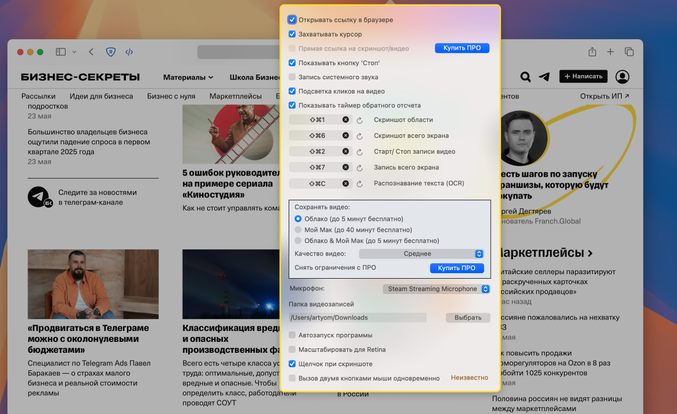 Интерфейс программы Скриншотер