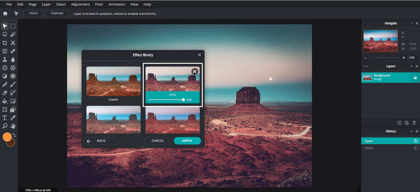 Интерфейс Pixlr с панелью обработки фотографии