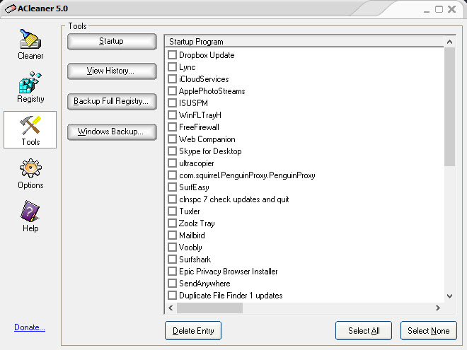Раздел Tools в ACleaner со списком Startup Program и кнопками Delete Entry, Select All, Select None