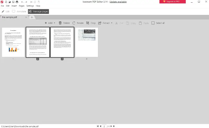 Режим Manage pages в Icecream PDF Editor с инструментами Add, Delete, Rotate, Crop, Extract, Cut, Copy, Paste