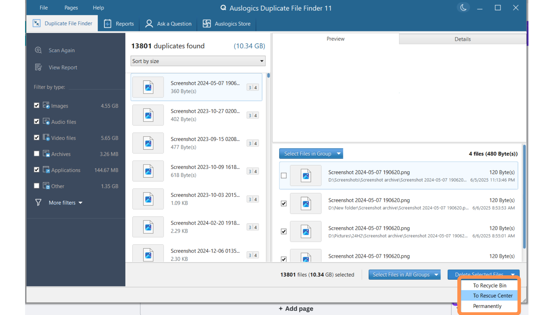 Выбор удаления дубликатов в корзину в Auslogics Duplicate File Finder