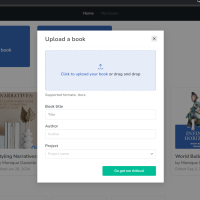 Atticus: окно Upload a book для импорта DOCX