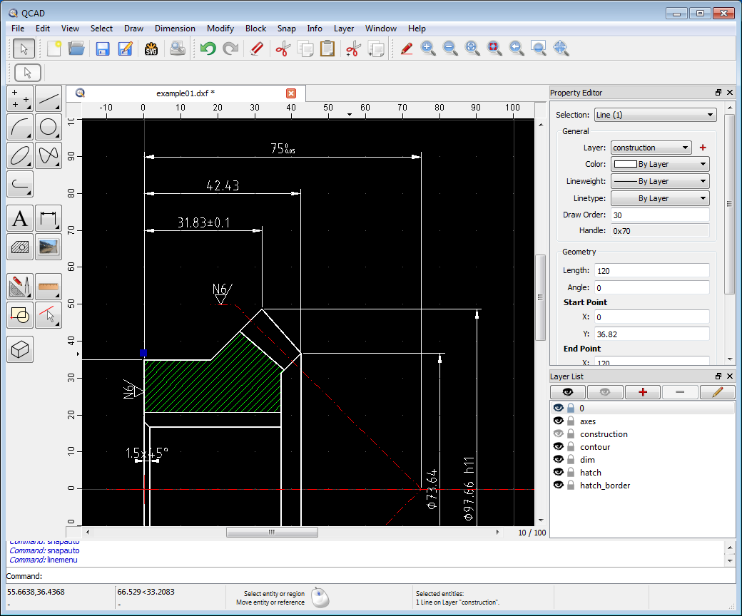 QCAD с открытым DXF, Property Editor и списком слоёв