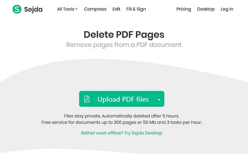 Инструмент Delete PDF Pages сервиса Sejda