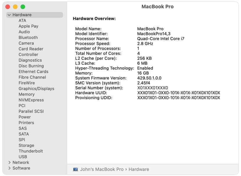 Окно macOS с характеристиками компьютера