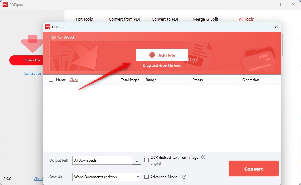Окно PDF to Word в PDFgear с Add File, OCR, Advanced Mode и кнопкой Convert