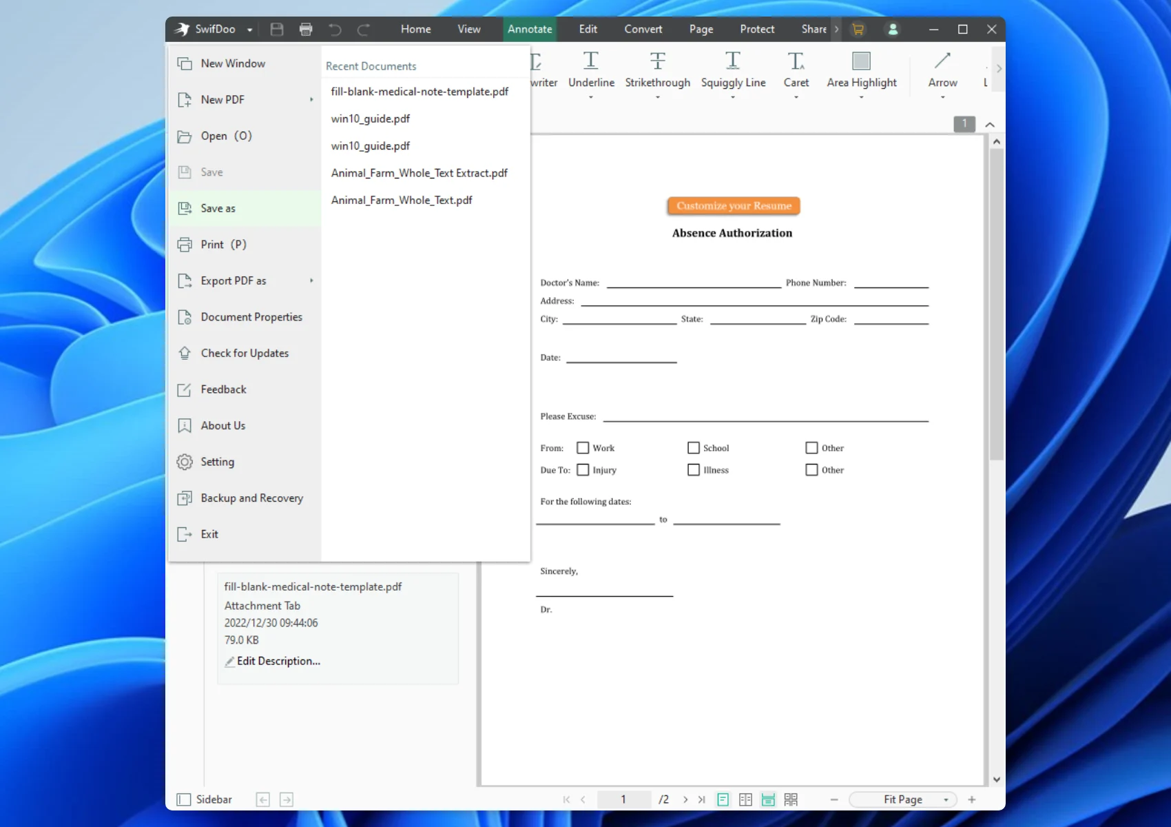 Интерфейс SwifDoo PDF для работы с готовым документом