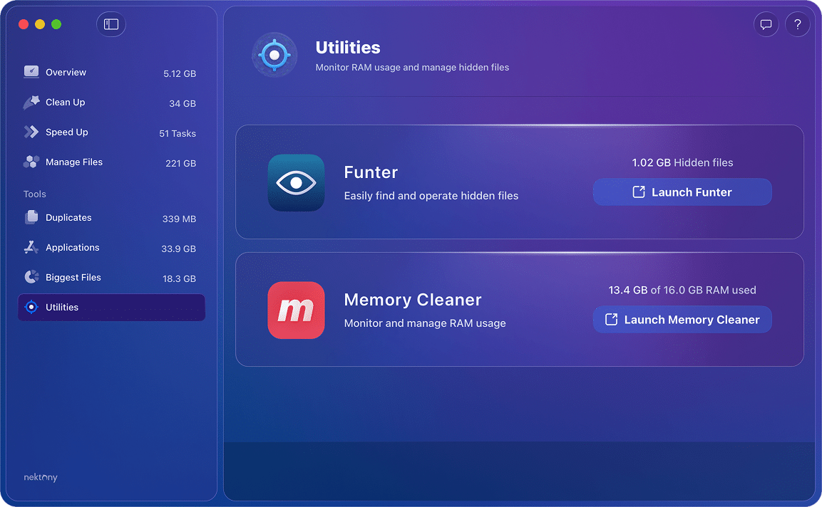 Раздел Utilities в MacCleaner Pro с запуском Funter и Memory Cleaner