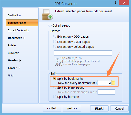 Режим Split by bookmarks в CoolUtils PDF Splitter с выбором уровня закладок