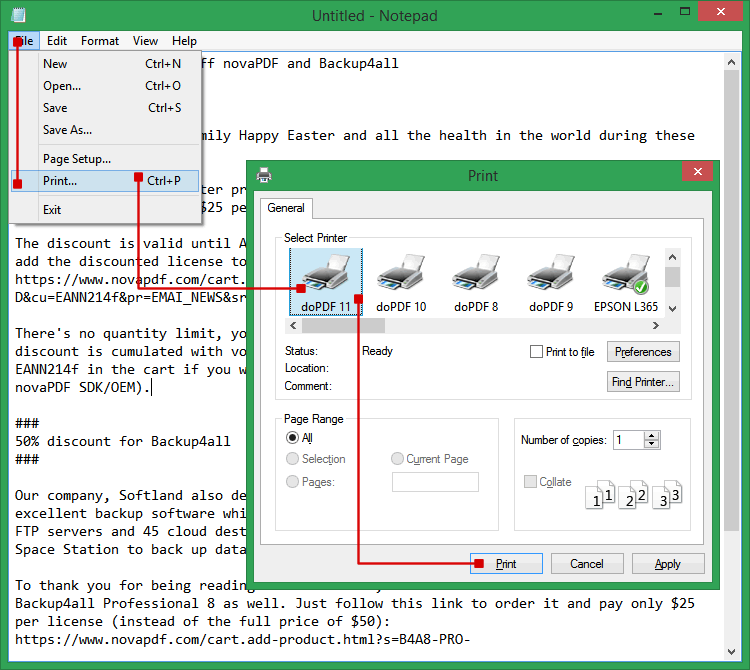 Печать текстового файла из Notepad через doPDF