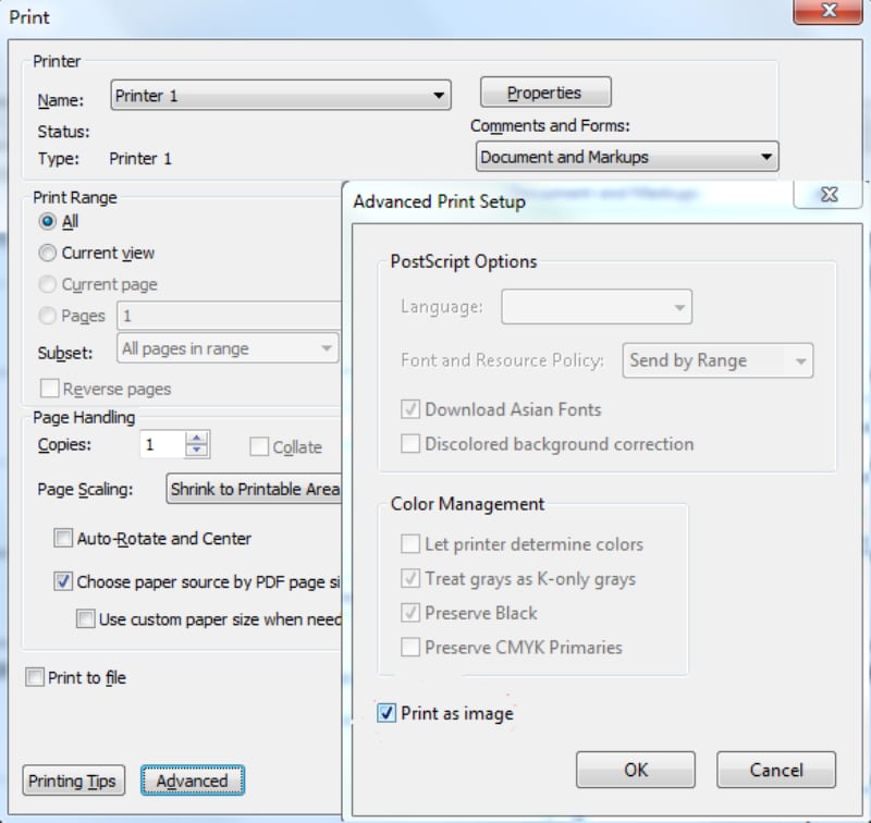 Опция Print as image в расширенных настройках печати Adobe Acrobat