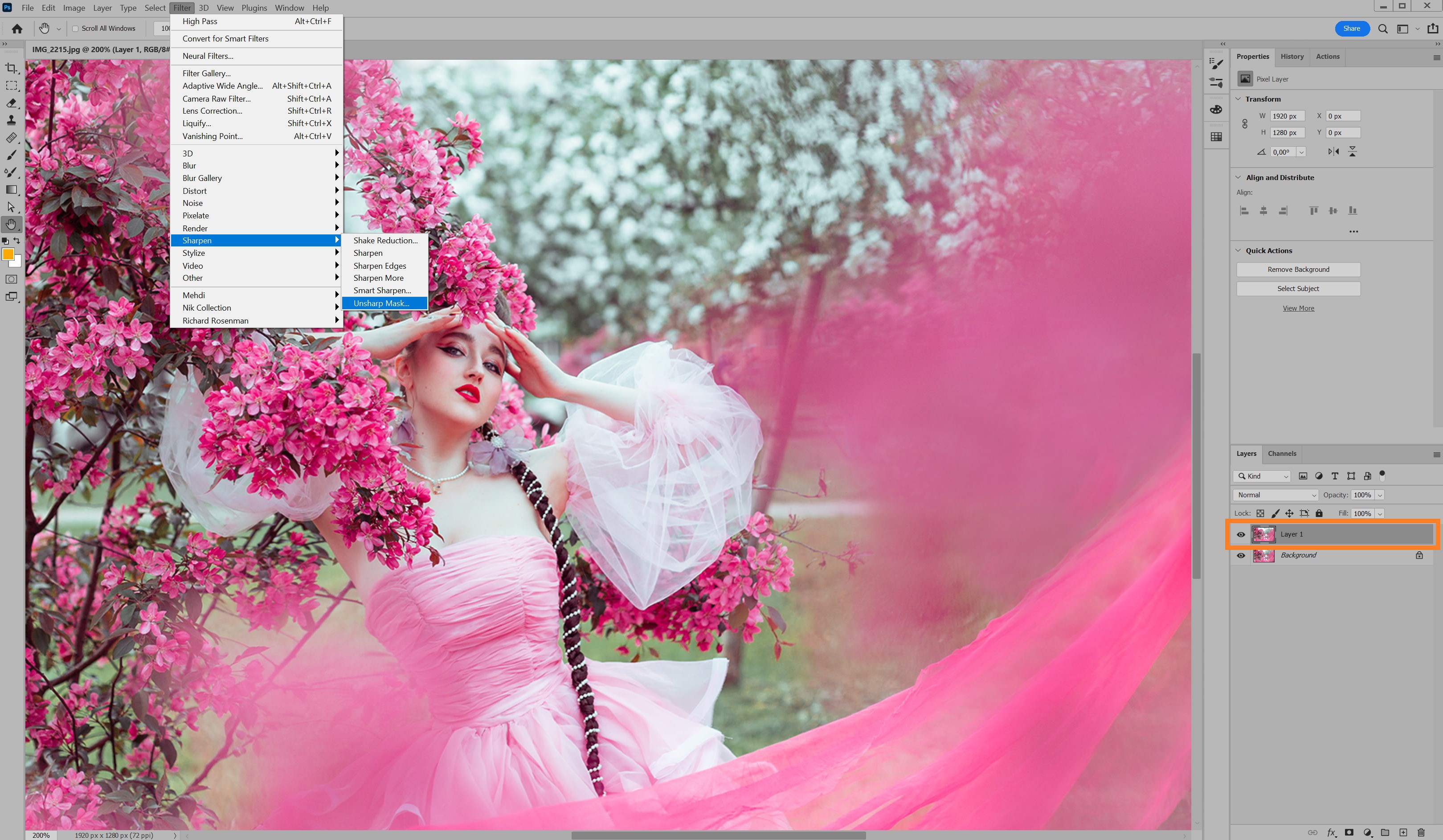 Окно фильтра Нерезкое маскирование в Photoshop
