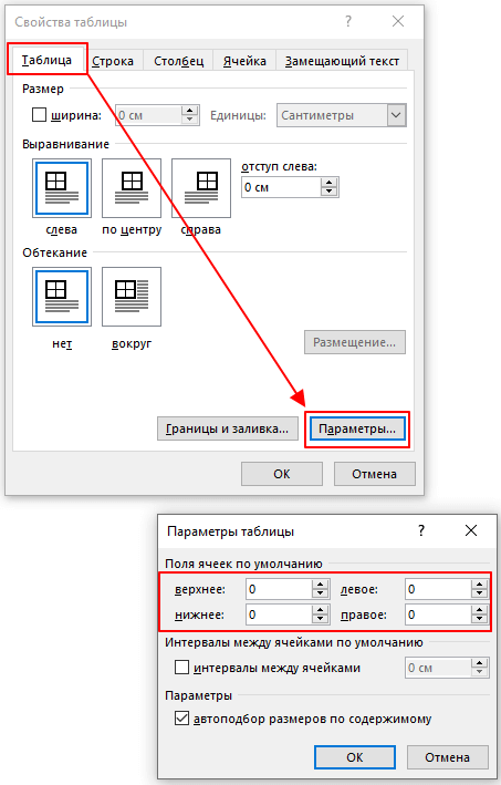 Размещение содержимого визитки в таблице Word