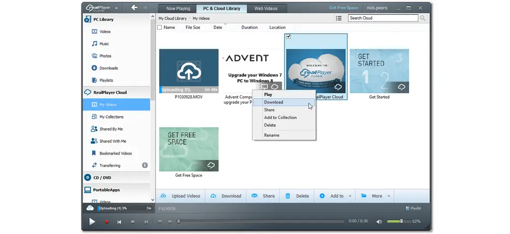 Интерфейс RealPlayer с библиотекой и управлением видео