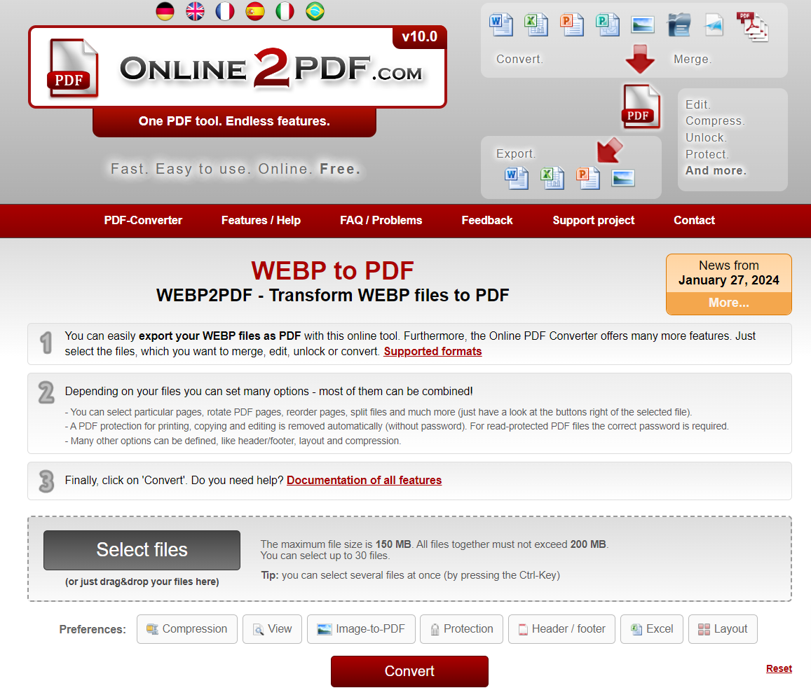 Интерфейс Online2PDF для WEBP в PDF