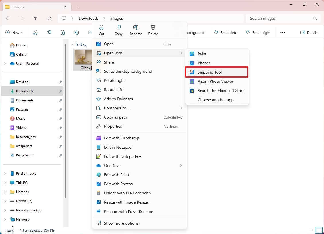 Открытие изображения через Snipping Tool в Windows 11