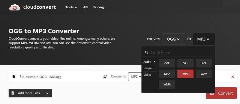 Интерфейс CloudConvert для OGG в MP3
