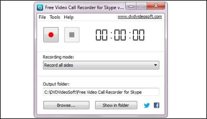Интерфейс Free Video Call Recorder for Skype с режимом Record all sides и выбором папки сохранения