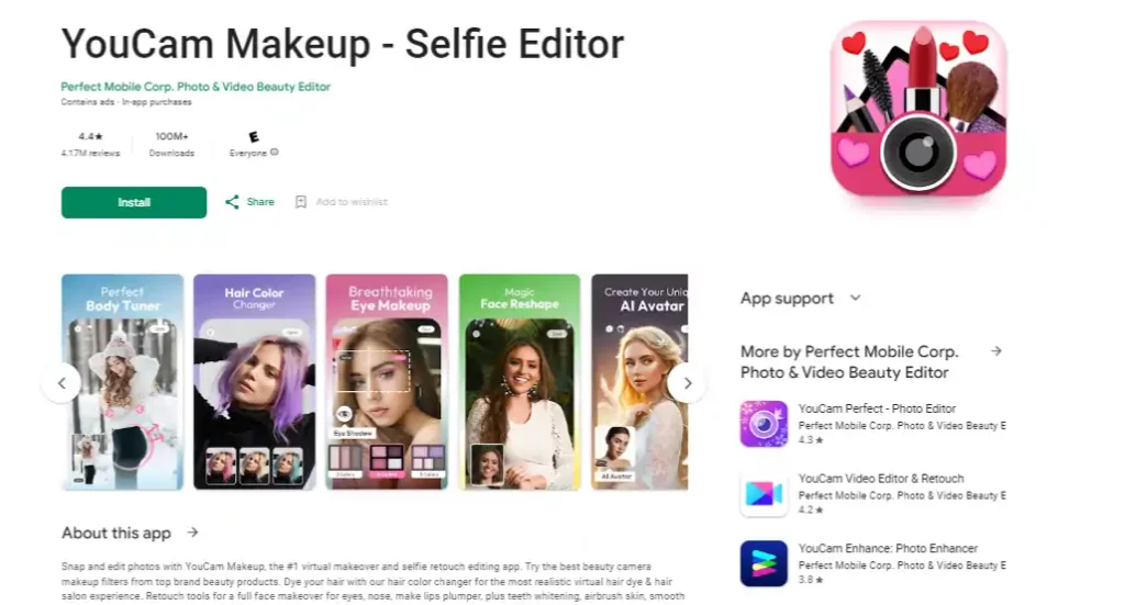 Экран YouCam Makeup с выбором косметических эффектов