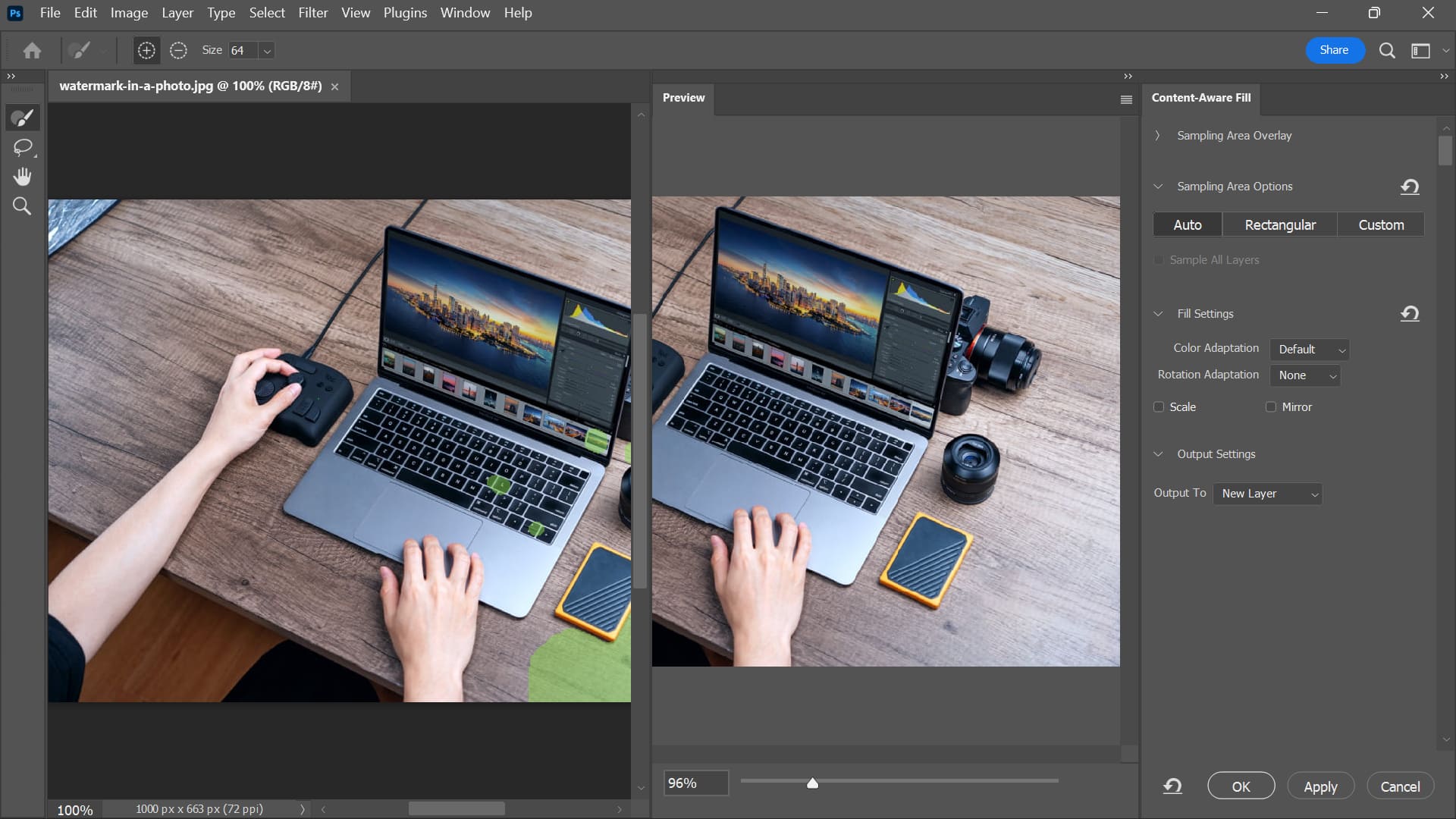 Adobe Photoshop: предпросмотр Content-Aware Fill для удаления нежелательной области
