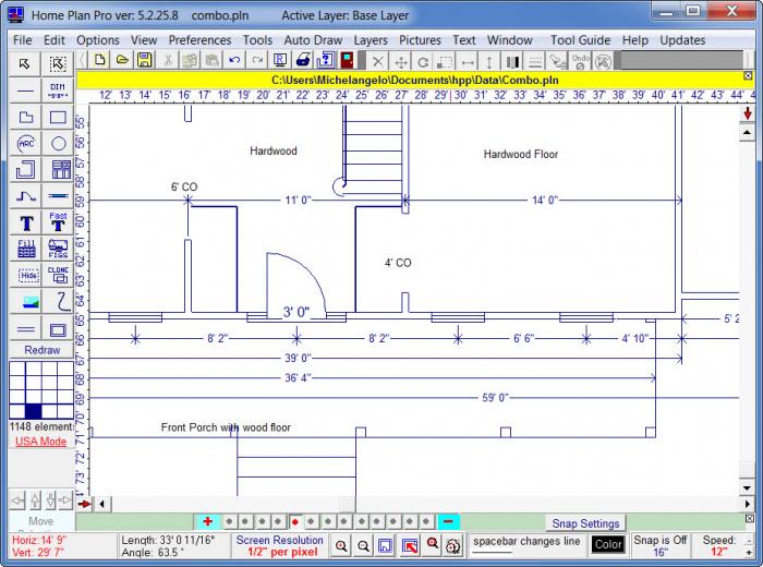 Интерфейс Home Plan Pro с двухмерным планом, размерами, дверями и лестницей