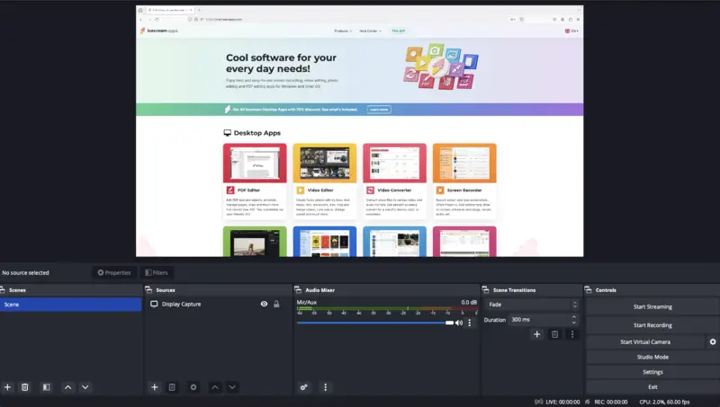 Интерфейс OBS Studio при подготовке видеоурока