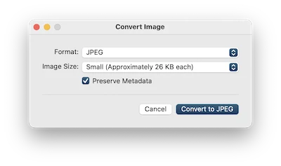 Окно Convert Image в macOS с выбором JPEG
