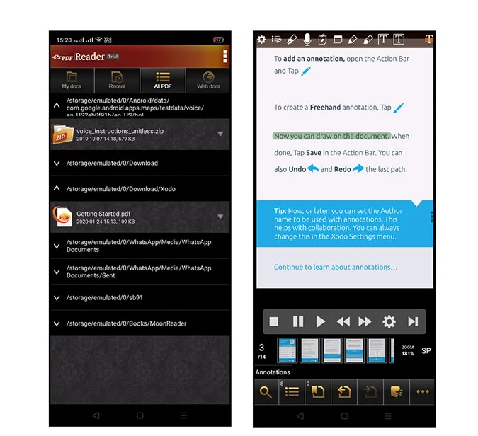Интерфейс ezPDF Reader с файловым браузером и панелью аннотаций