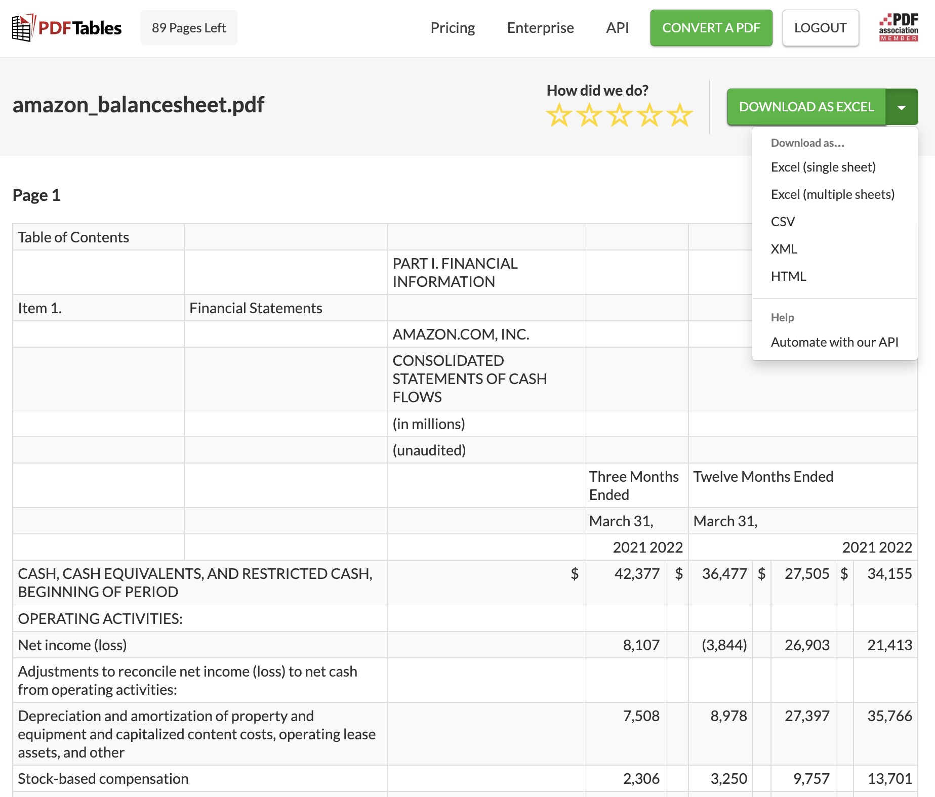 PDFTables: просмотр извлечённой таблицы и Download as Excel