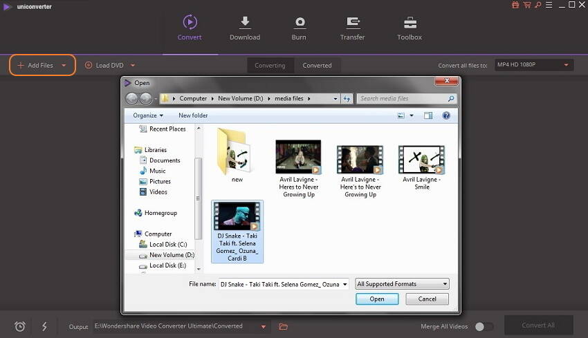 Добавление файлов в Wondershare UniConverter