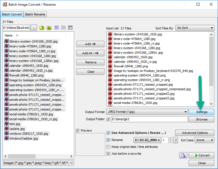 FastStone Image Viewer: окно Batch Image Convert / Rename с вкладками Batch Convert и Batch Rename